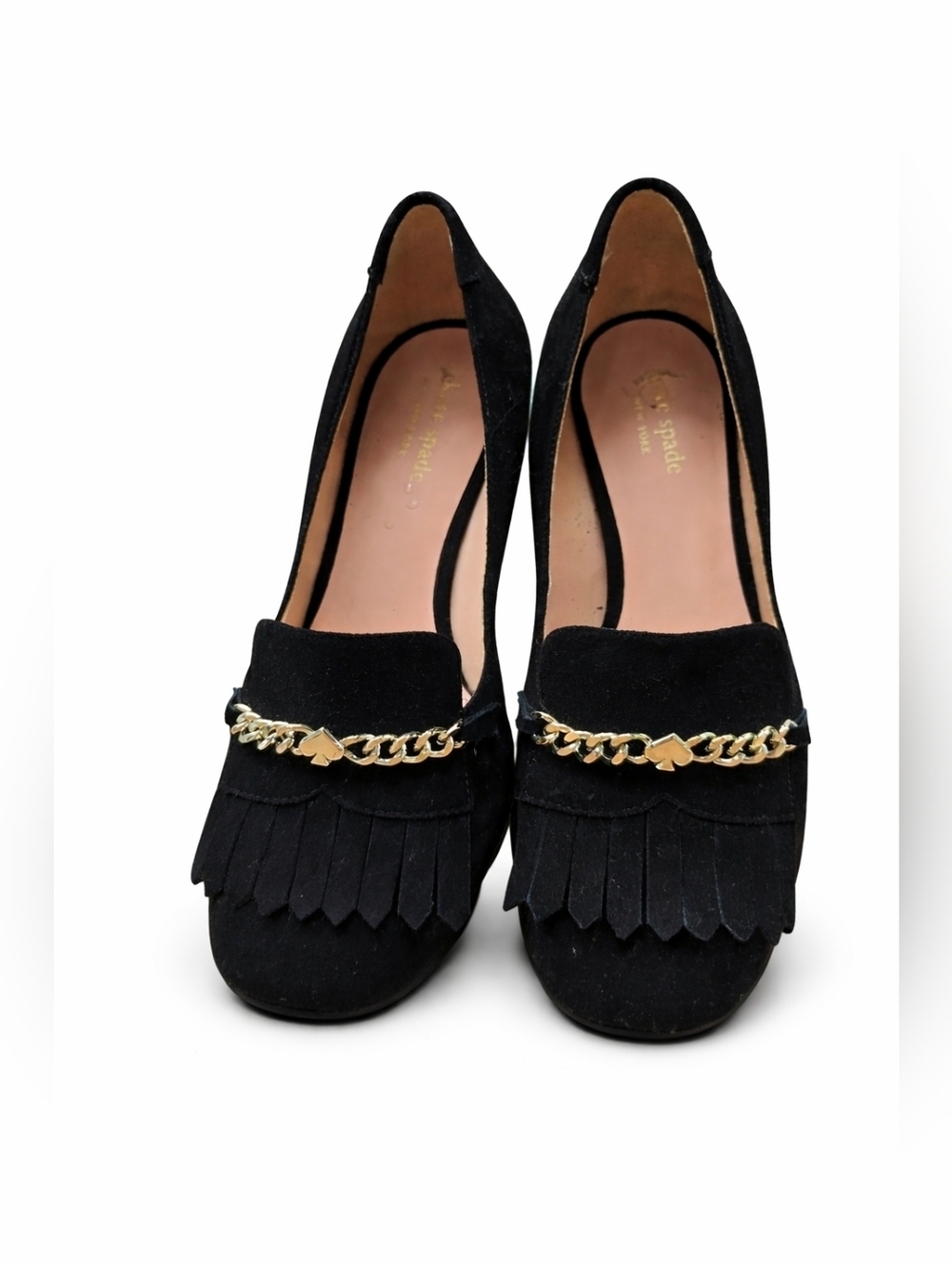 Kate Spade New York "Molly" Black Suede Fringe Block Heel Pumps Size 9.5B